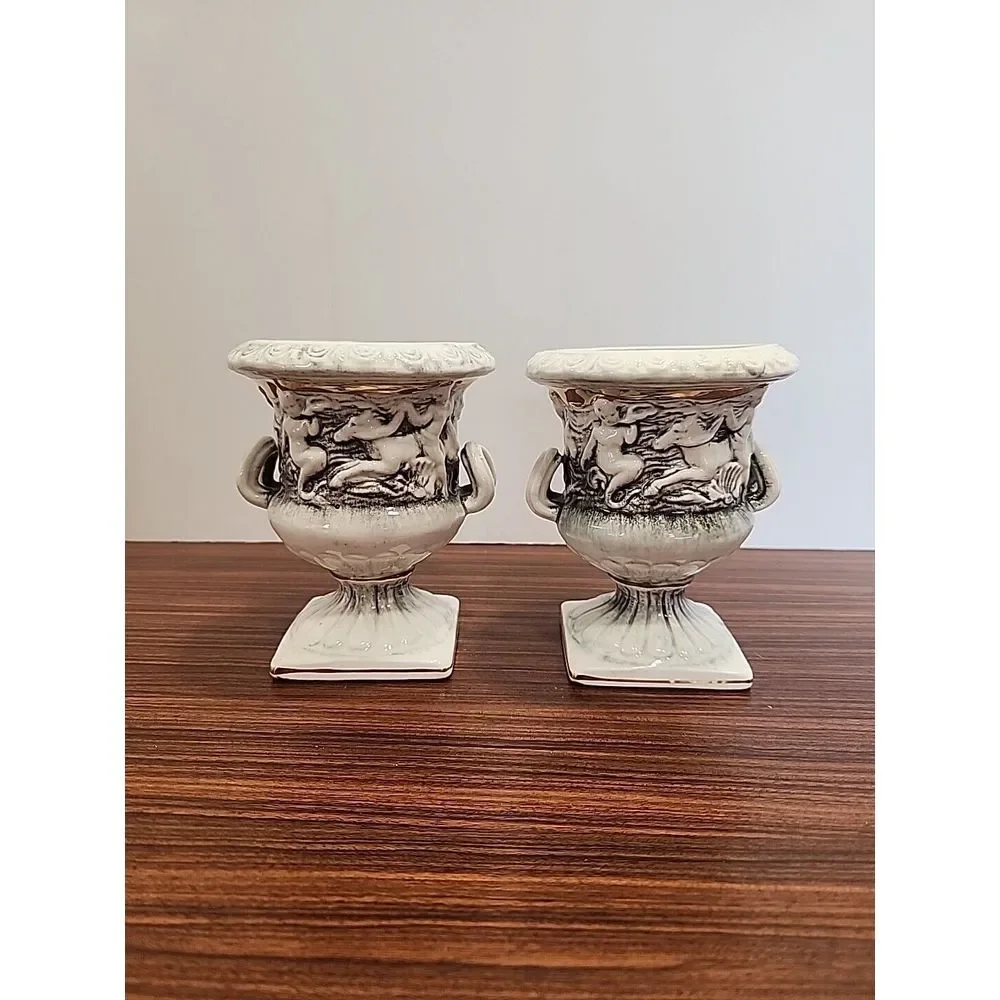 Set‎ of 2 Vintage 4 Inch Vase Original Lefton Sticker Cherub Mermaid Porcelain